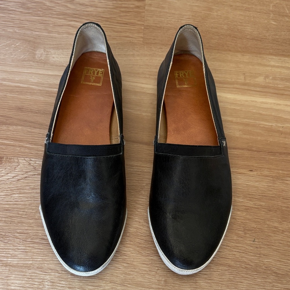 Frye Women’s Black Leather Slip-On Flats with White Sole